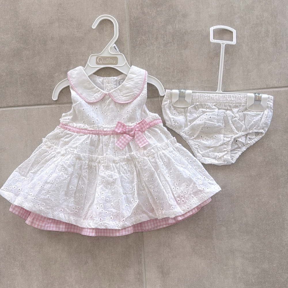 NWT Quiltex White/Pink Eyelet Embroidered Dress w/ Matching Diaper Cover - 3/6 M